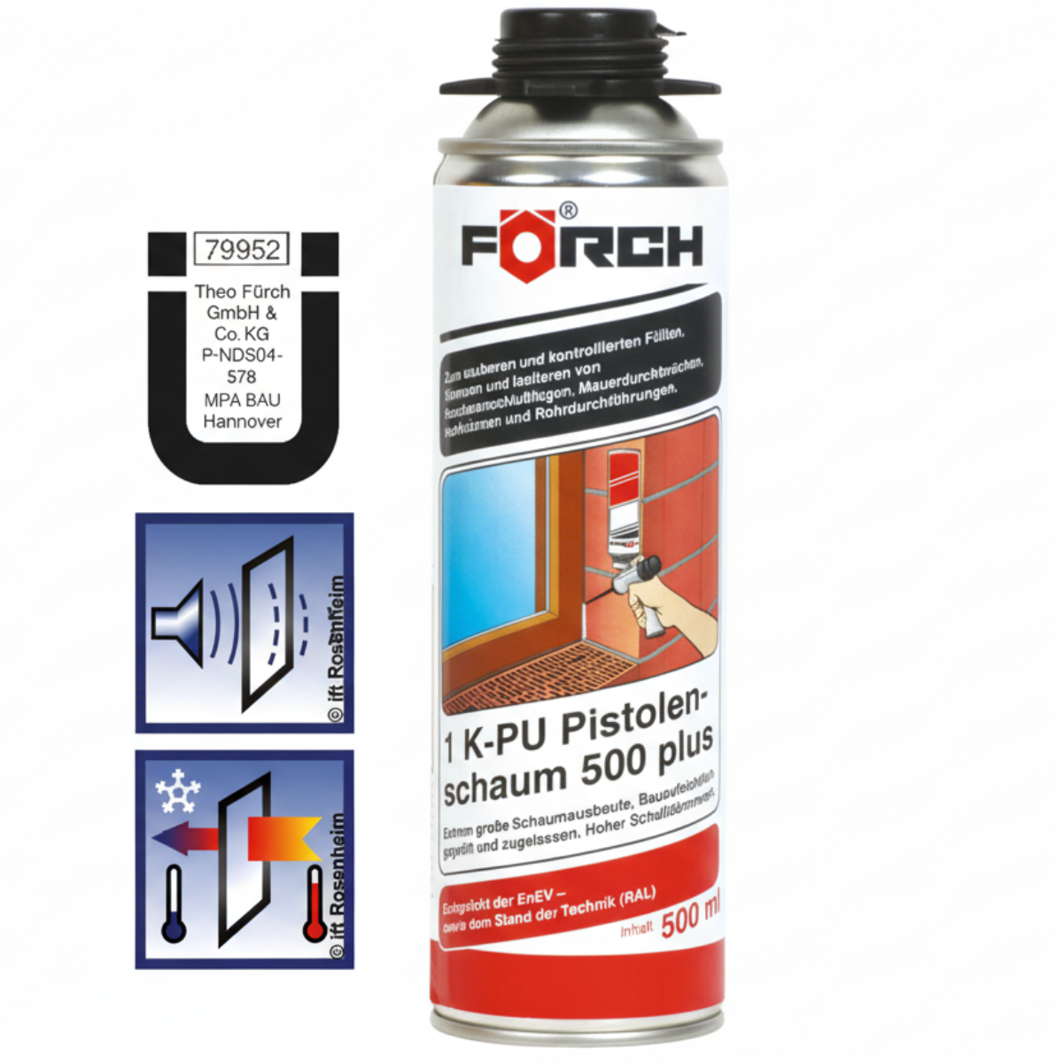Förch Pistolenschaum 1K-PU 500 Plus – 1-Komponenten-Montageschaum für Füllen, Dämmen & Isolieren (500 ml)