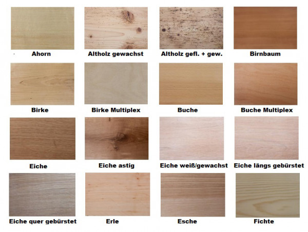 Holzmuster für Fensterbänke, Ahorn, Altholz gewachst, Altholz gefl. + gew., Birnbaum, Birke, Birke Multiplex, Buche, Buche Multiplex, Eiche, Eiche astig, Eiche weiß/gewachst, Eiche längs gebürstet, Eiche quer gebürstet, Erle, Esche, Fichte